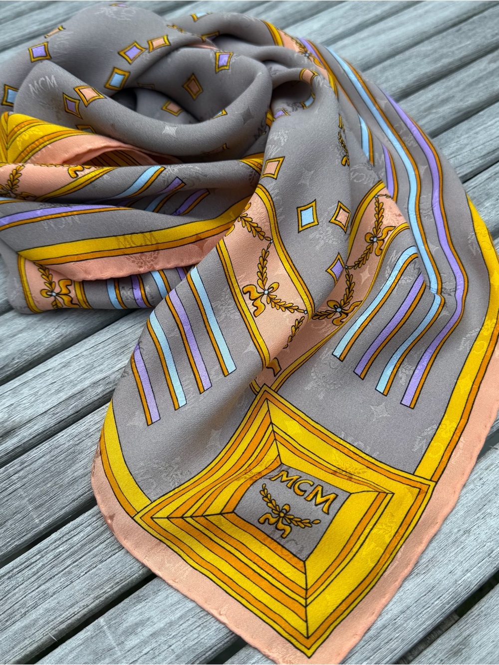 MCM Monogram Silk Scarf Gray Pink Yellow Logo Square Luxury Designer